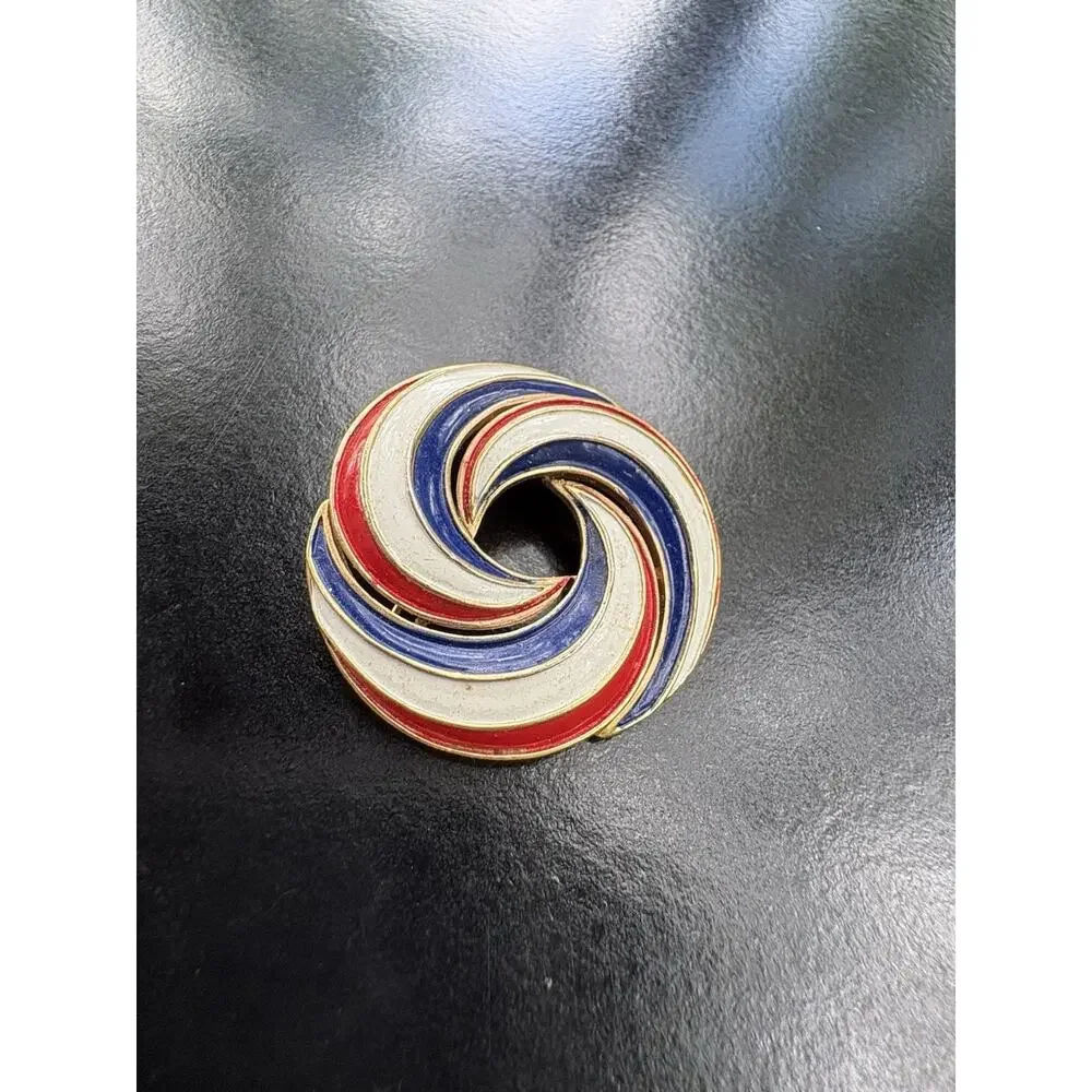 Crown Trifari Swirl Brooch Patriotic Enamel Red White Blue Gold Tone Pin Vtg
